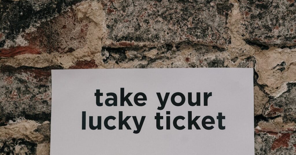 Close-up of a vintage wall with a 'take your lucky ticket' paper sign taped on, offering a whimsical message.